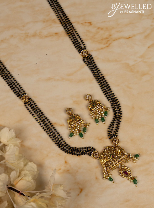 Mangalsutra long elephant design with kemp and cz stones in pearl & mint green beads hangings