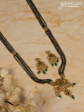 Mangalsutra long elephant design with kemp and cz stones in pearl & mint green beads hangings