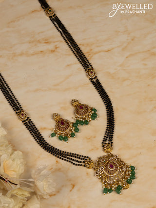 Mangalsutra long with ruby and cz stones in pearl & mint green beads hangings
