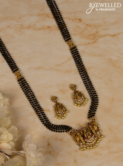 Mangalsutra long lakshmi pendant with kemp & cz stones and pearl hangings