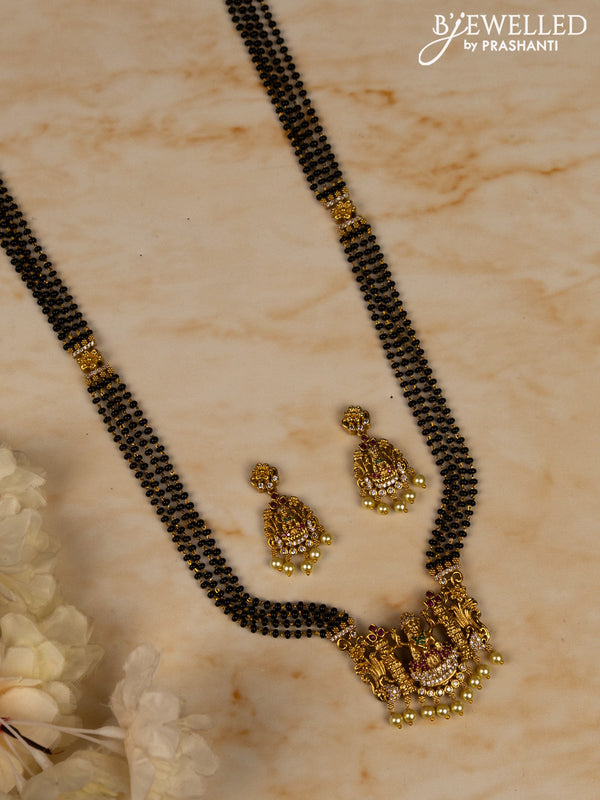 Mangalsutra long lakshmi pendant with kemp & cz stones and pearl hangings