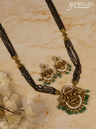 Mangalsutra long lakshmi pendant with kemp & cz stones in pearl & mint green beads hangings