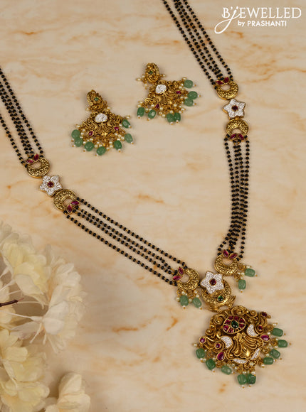 Mangalsutra long with kemp & cz stones in pearl & mint green beads hangings