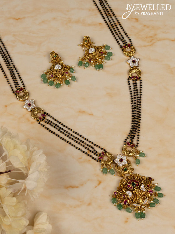 Mangalsutra long with kemp & cz stones in pearl & mint green beads hangings