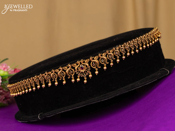 Antique hip chain peacock deisgn in multicolor kemp stones and golden ball hanging