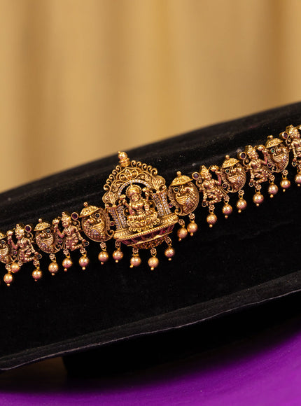 Antique hip chain lakshmi deisgn in red,white and cz stones and golden ball hanging