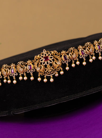 Antique hip chain double peacock deisgn in red and white cz stones and golden ball hanging