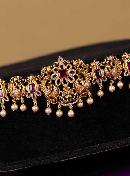 Antique hip chain double peacock deisgn in red and white cz stones and golden ball hanging