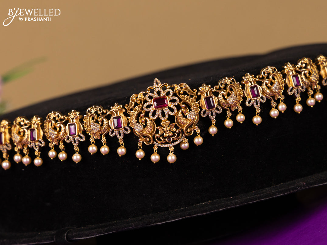 Antique hip chain double peacock deisgn in red and white cz stones and golden ball hanging
