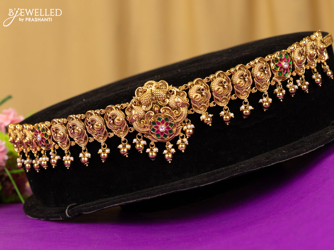 Antique hip chain peacock & floral deisgn in jadau kundan stones and golden ball hanging