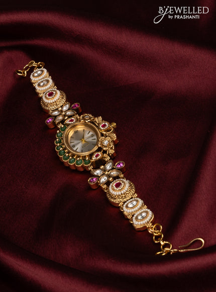Antqiue watch with white dial in jadau stones and green beads