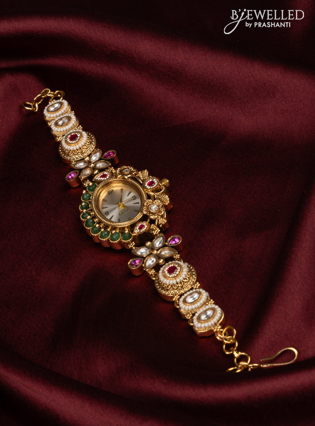 Antqiue watch with white dial in jadau stones and green beads