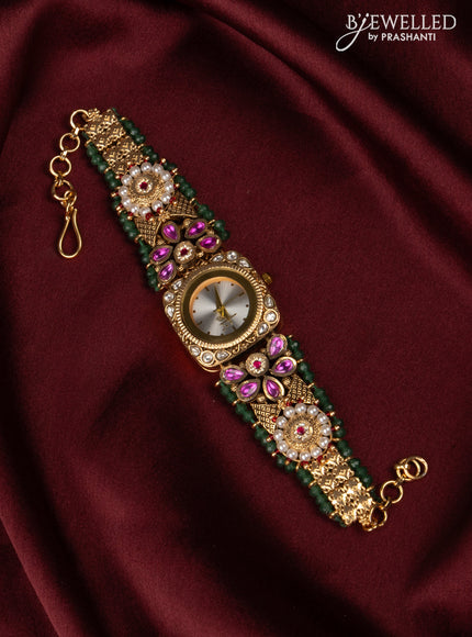 Antqiue watch with sqaure shape white dial in jadau stones and green beads