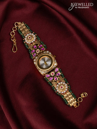 Antqiue watch with sqaure shape white dial in jadau stones and green beads