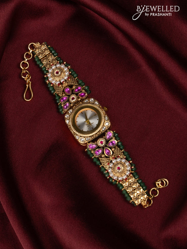 Antqiue watch with sqaure shape white dial in jadau stones and green beads