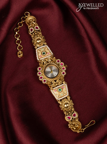 Antqiue watch with elephant white dial in jadau stones and white beads