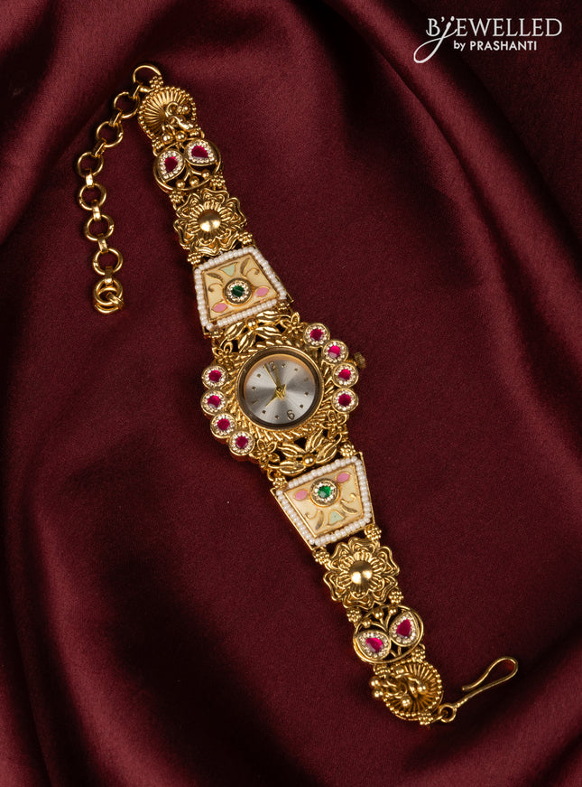 Antqiue watch with elephant white dial in jadau stones and white beads
