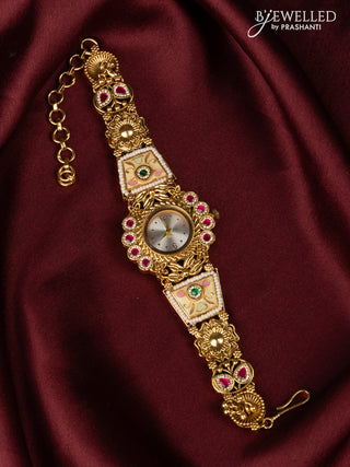 Antqiue watch with elephant white dial in jadau stones and white beads
