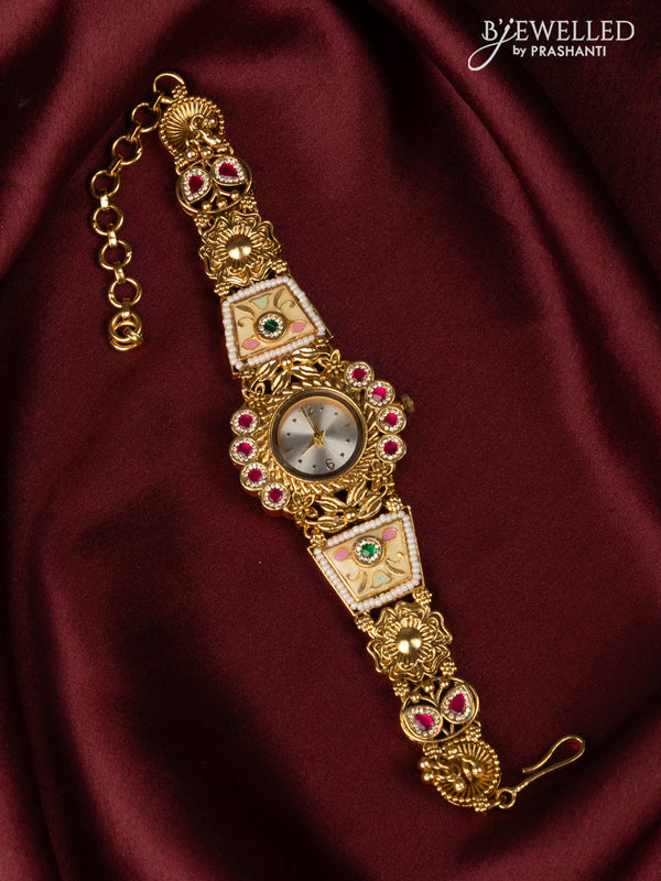 Antqiue watch with elephant white dial in jadau stones and white beads