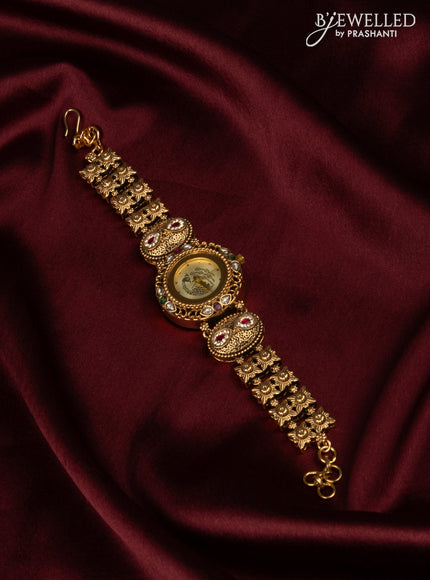 Antique watch with peacock yellow dial in jadau stones