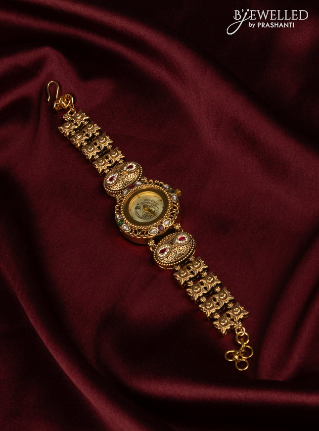 Antique watch with peacock yellow dial in jadau stones
