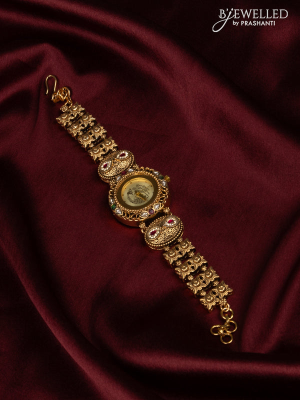 Antique watch with peacock yellow dial in jadau stones