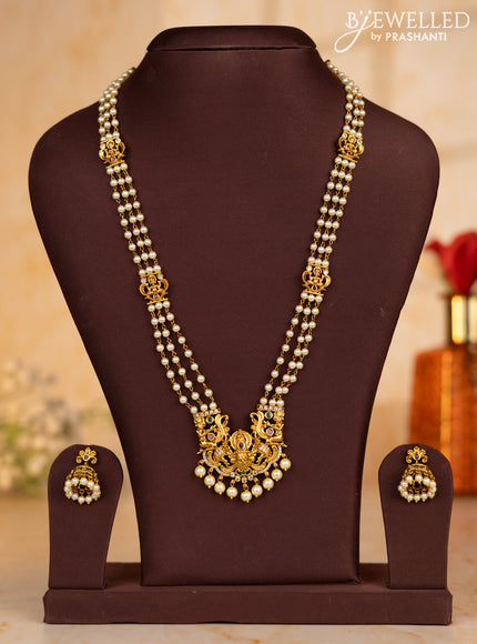 Pearl necklace tirupati balaji pendant with kemp & cz stones and pearl hangings