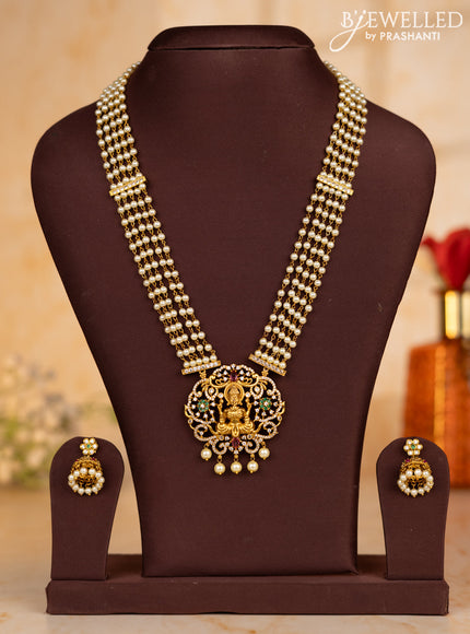Pearl necklace lakshmi pendant with kemp & cz stones and pearl hangings