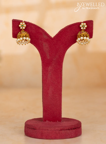 Pearl necklace lakshmi pendant with kemp & cz stones and pearl hangings