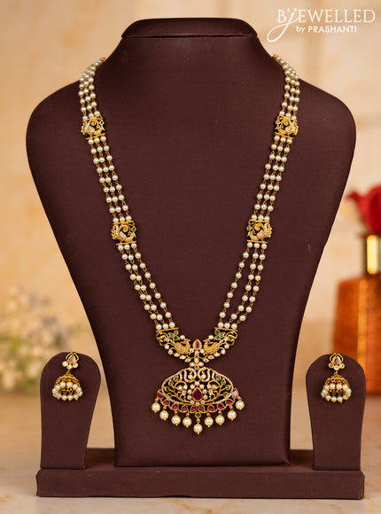 Pearl necklace peacock design with kemp & cz stones and pearl hangings