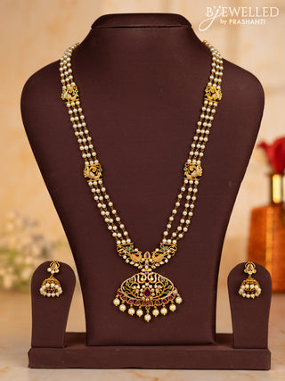 Pearl necklace peacock design with kemp & cz stones and pearl hangings