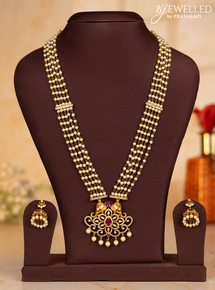 Pearl necklace elephant design with ruby & cz stones and pearl hangings