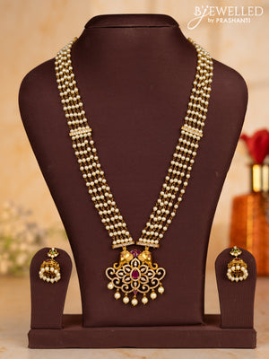 Pearl necklace elephant design with ruby & cz stones and pearl hangings
