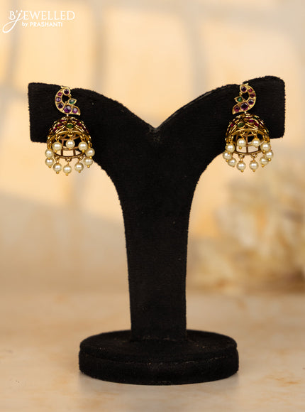 Antique medium size jhumka with peacock design in multicolor kemp and pearl hanging