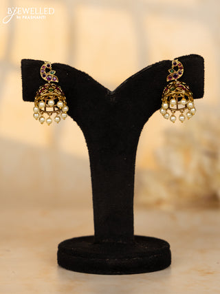 Antique medium size jhumka with peacock design in multicolor kemp and pearl hanging