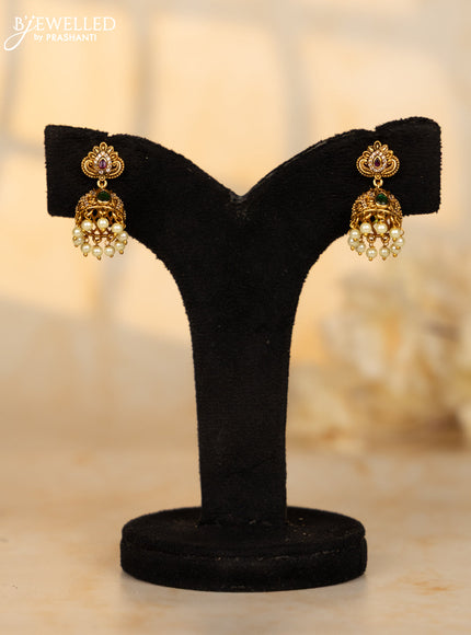 Antique small size jhumka with cz and green stone and pearl hanging