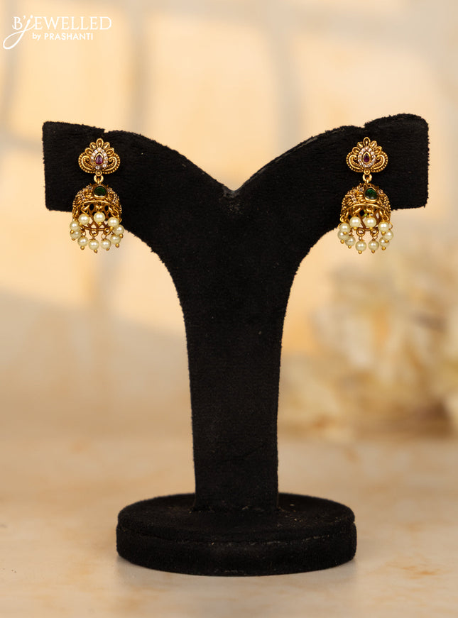 Antique small size jhumka with cz and green stone and pearl hanging