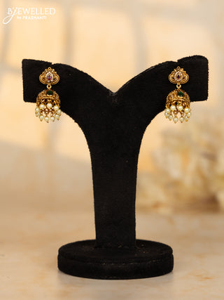Antique small size jhumka with cz and green stone and pearl hanging