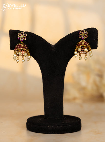Antique jhumka floral design in multicolor kemp stones and pearl hanging