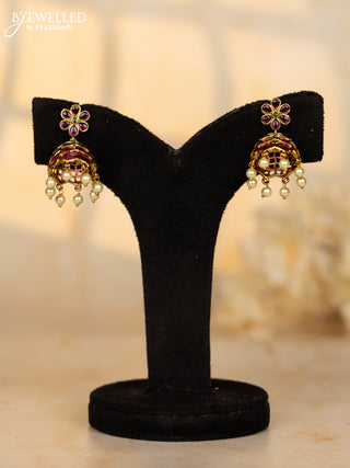 Antique jhumka floral design in multicolor kemp stones and pearl hanging