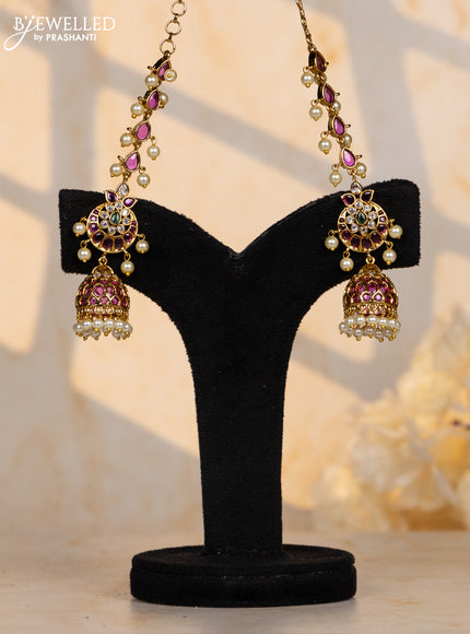 Antique jhumka chandbali design in multicolor kemp stones and pearl hanging
