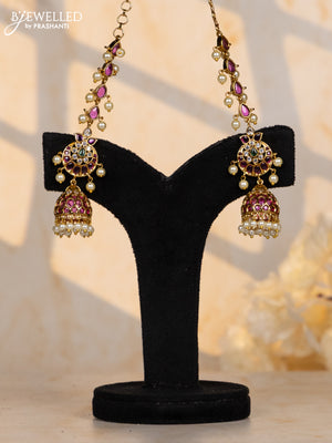 Antique jhumka chandbali design in multicolor kemp stones and pearl hanging