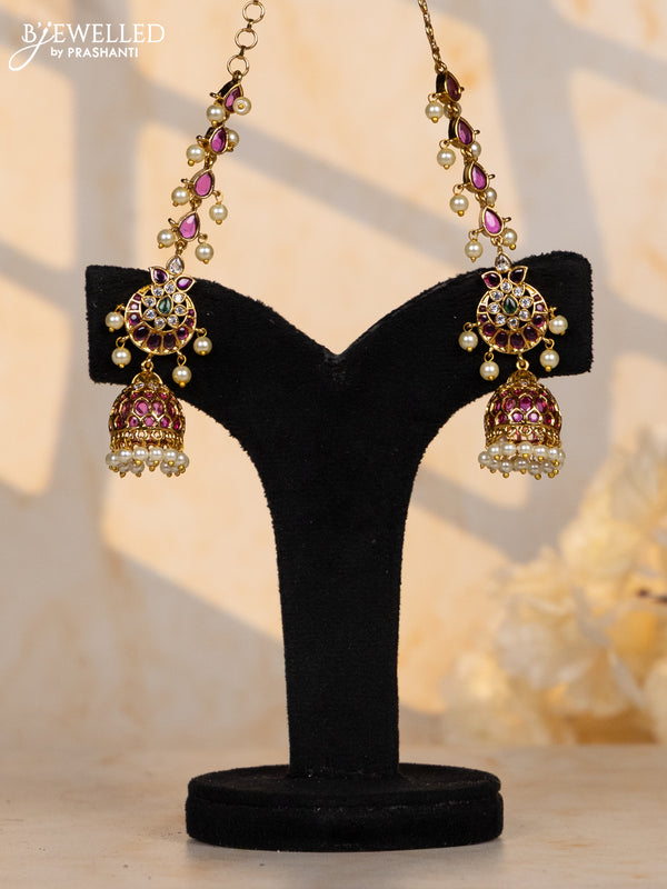 Antique jhumka chandbali design in multicolor kemp stones and pearl hanging