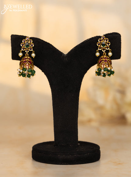 Antique jhumka leaf deisgn in multicolor kemp stones and pearl hanging