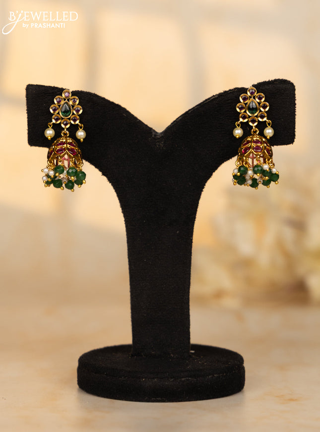 Antique jhumka leaf deisgn in multicolor kemp stones and pearl hanging