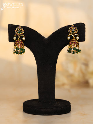 Antique jhumka leaf deisgn in multicolor kemp stones and pearl hanging