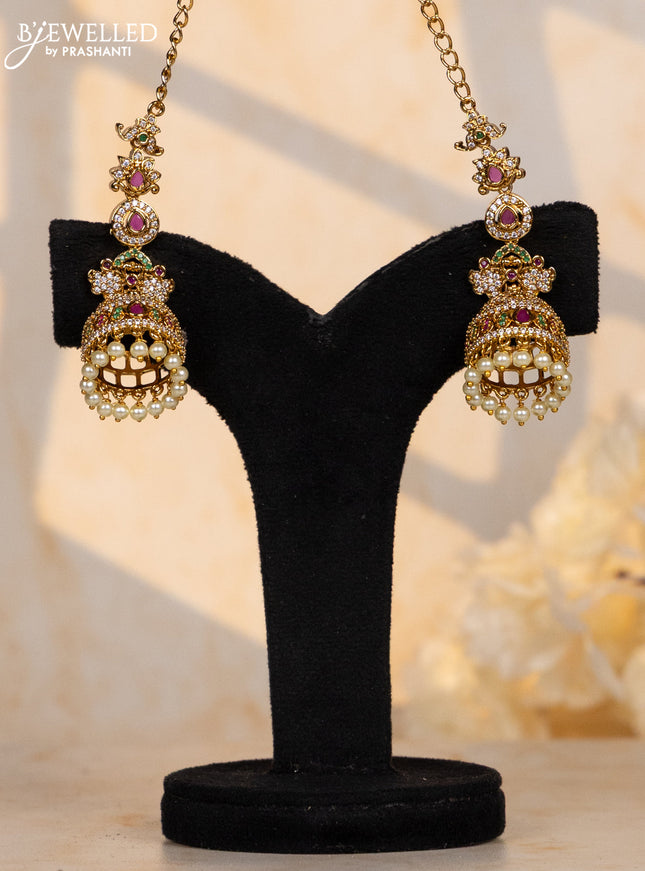 Antique jhumka maatal type in multicolor stones and pearl hanging