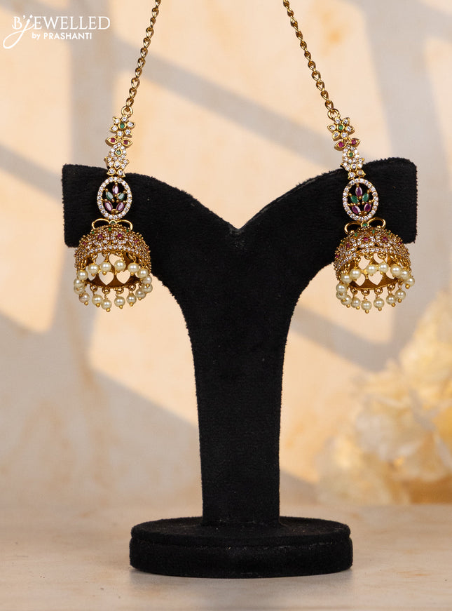 Antique jhumka maatal type leaf desig in multicolor stones and pearl hanging