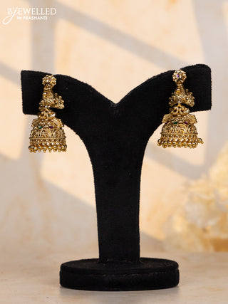 Antique jhumka double peacock design with pink and green stone & golden ball hanging