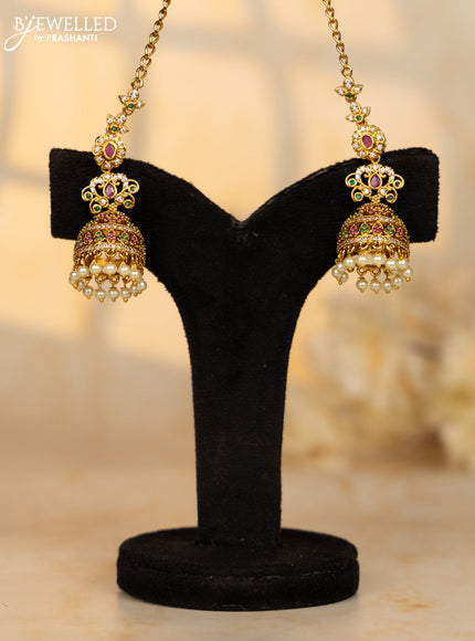 Antique jhumka maatal design in multicolor kemp stones and pearl hanging